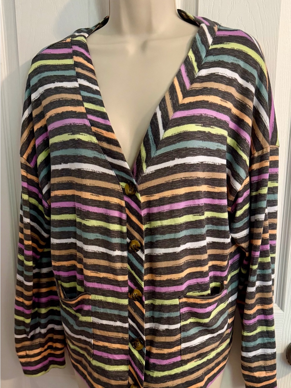 Joyspun Striped Button-Front Cardigan Sweater Size L (12-14) Multicolor Pockets
